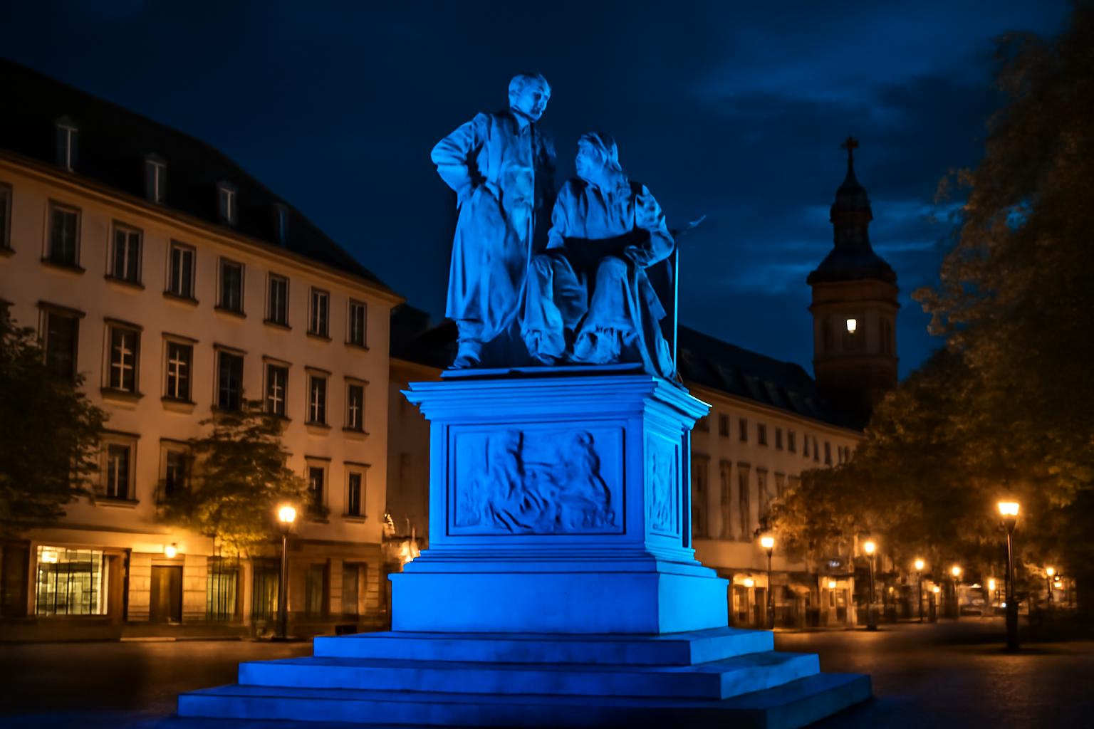 Hanau beleuchtet Brüder-Grimm-Denkmal blau für Cities for Life 🌍💙🕊️